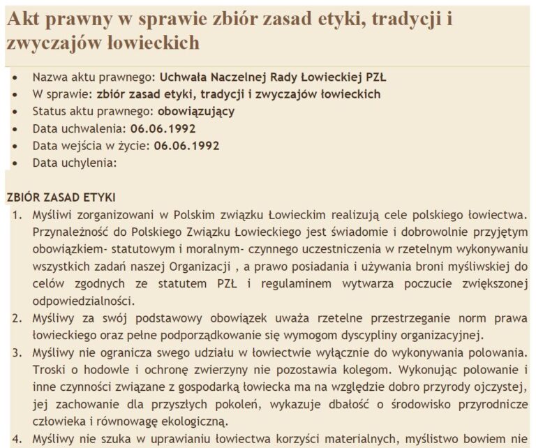 Read more about the article Akt prawny w sprawie zbiór zasad etyki, tradycji i<br>zwyczajów łowieckich