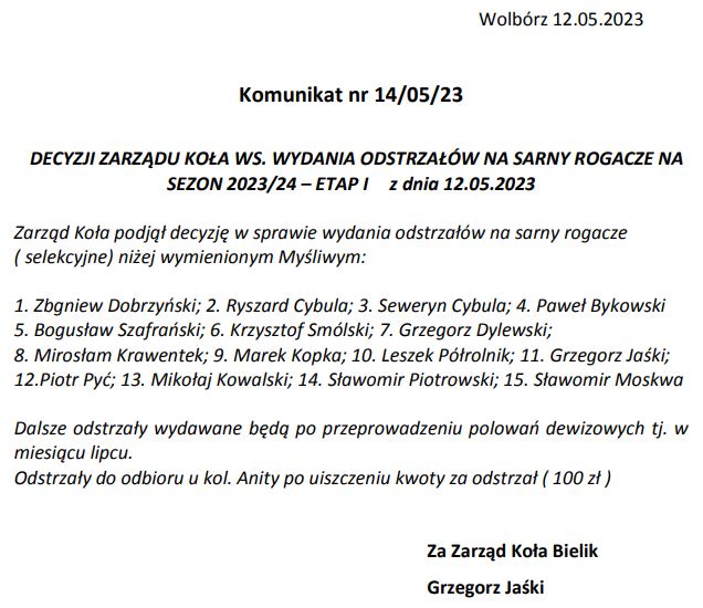 Read more about the article Odstrzały saren rogaczy w sezonie 2023